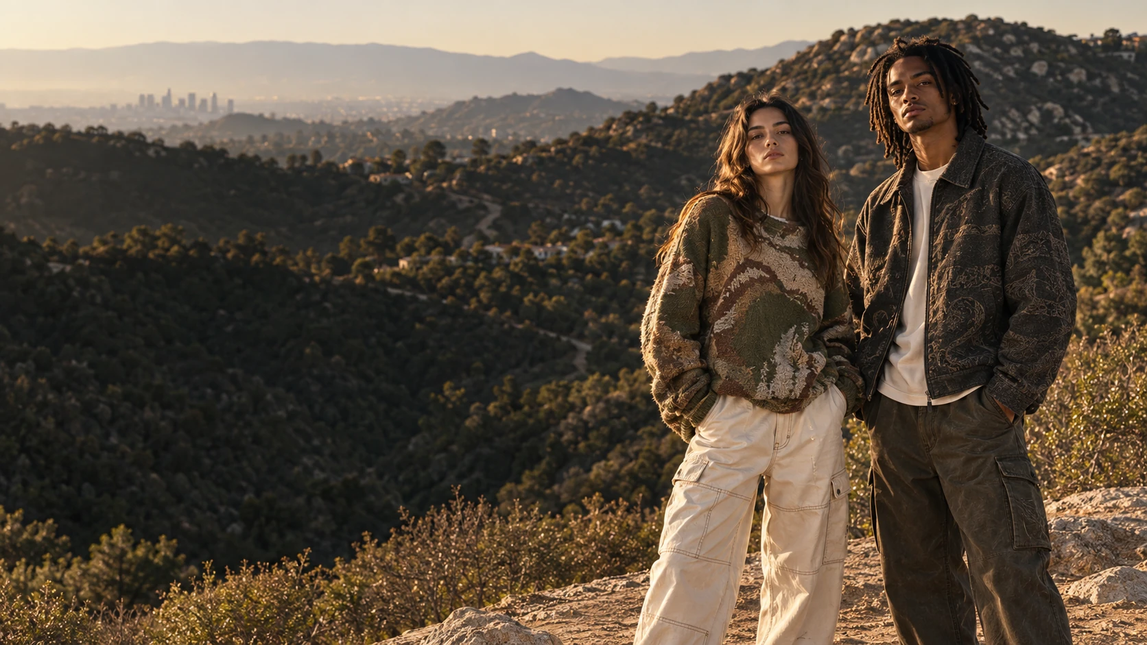 Fashion editorial with two models at a Los Angeles hillside overlook